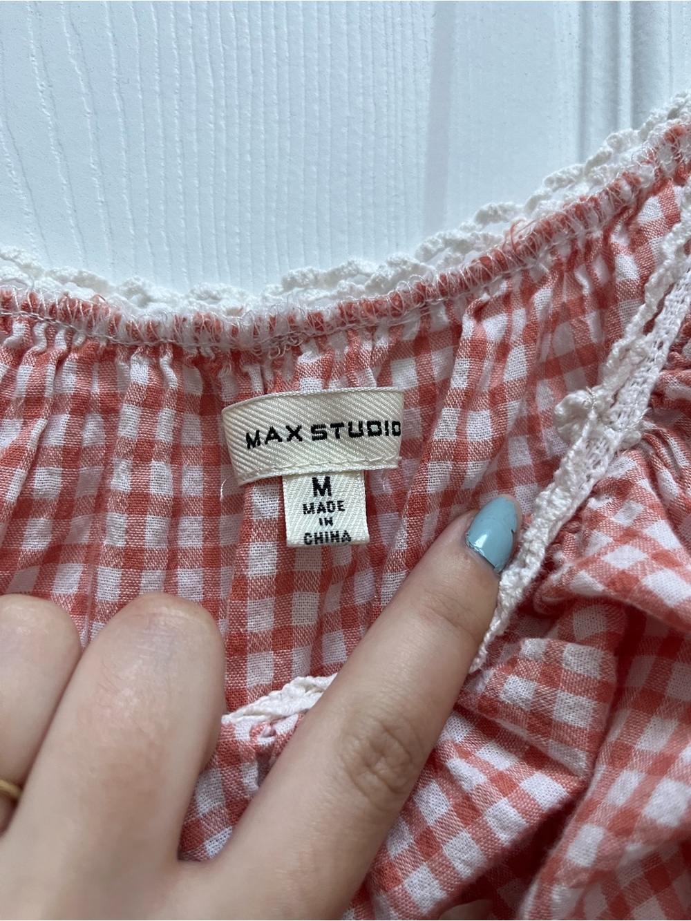 Max Studio Pink Gingham Crochet Lace Trim Peasant Top - M - Picture 5 of 5